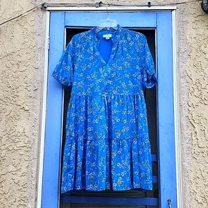 Blue with light pink and green floral print dress